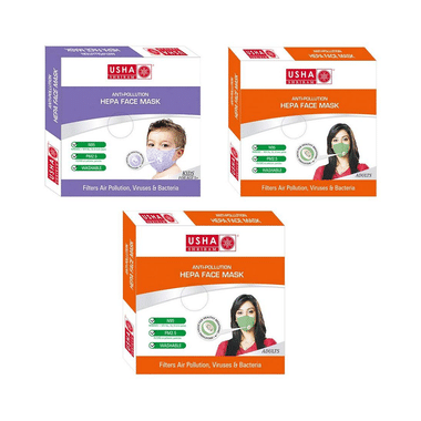 Usha Shriram Combo Of N95 Anti Pollution HEPA Face Mask For Adults And Kids (2+1)