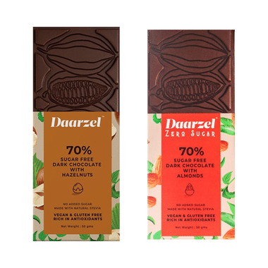 Daarzel Combo Pack Of 70% Dark Chocolate With Hazelnuts And 70% Dark Chocolate With Almonds (50gm Each) Sugar Free