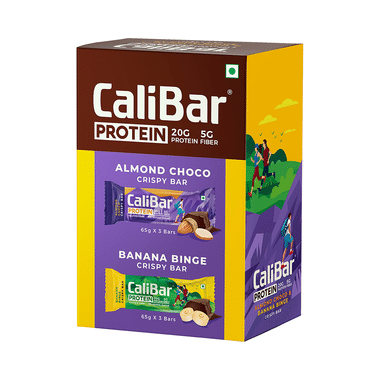 CaliBar Protein Crispy Bar (65gm Each) 3 Almond Choco & 3 Banana Binge