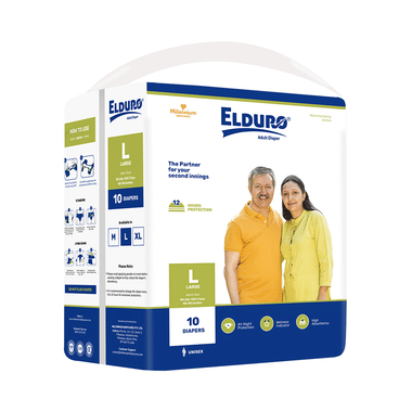 Elduro Unisex Adult Diaper, Wetness Indicator, All Night Protection, High Absorbency (10 Each) Large