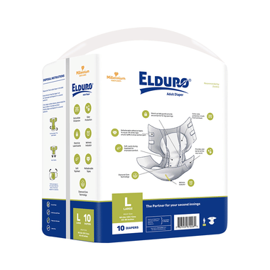 Elduro Unisex Adult Diaper, Wetness Indicator, All Night Protection, High Absorbency (10 Each) Large