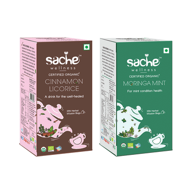 Sache Wellness Combo Pack of Organic Cinnamon Licorice  & Moringa Mint Infusion Bags (25 Each)