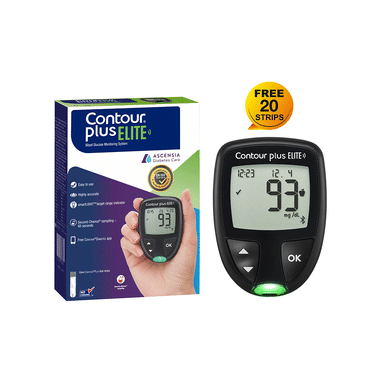 Contour Plus Elite Blood Glucose Monitoring System Glucometer with Contour Plus Blood Glucose Test Strips Free