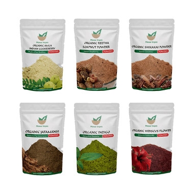 Mewar Impex Combo Pack Of Organic Shikakai Powder, Organic Amla Indian Gooseberry Powder, Organic Reetha Soapnut Powder, Organic Indigo Powder, Organic Jatamansi Powder & Organic Hibiscus Flower Powder (100gm Each)