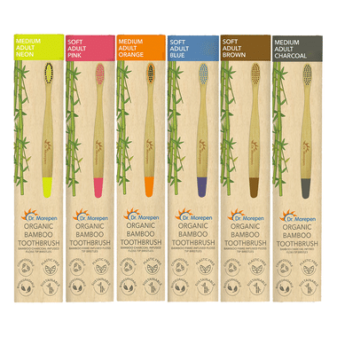 Dr. Morepen Organic Bamboo Toothbrush Adult 3 Medium & 3 Soft Neon, Pink, Orange, Blue, Brown & Charcoal
