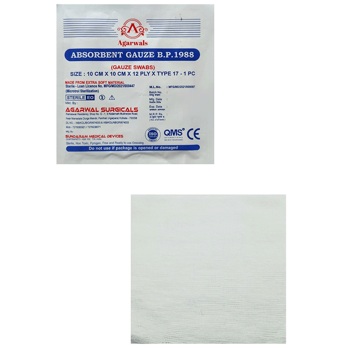 Agarwals Absorbent Gauze B.P. 1988 Gauze Swaps Sterile (Single Pack) 10cm x 10cm x 12ply x Type 17