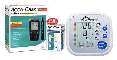 BP and Glucose Meter Combo of Accu-Chek Active Blood Glucometer Kit (Box of 10 Test Strips Free) and Dr Morepen BP02 Blood Pressure Monitor
