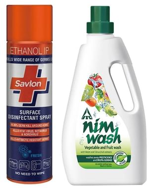 Disinfectant and Vegetable Wash Combo Pack of Savlon Surface Disinfectant Spray 170gm and ITC Nimwash 1Ltr