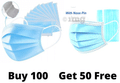 Fine Morning Pharma Safe X Disposable 3 Ply Surgical Face Mask Blue with Nosepin Buy 100 Get 50 Free thumbnail