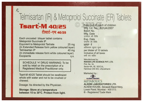 Tsart M 40 25 Tablet Er View Uses Side Effects Price And Substitutes 1mg