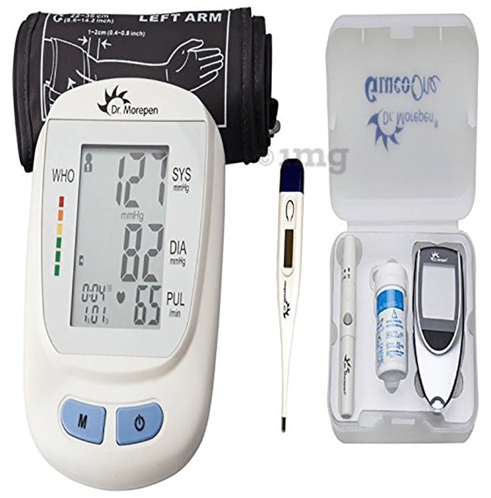Dr Morepen Combo Pack of B.P. Monitor BP 09, Glucometer with 25 Test Strips and Thermometer