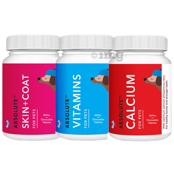 Drools Combo Pack of Absolute Skin+Coat Tablet, Vitamins Tablet & Calcium Tablet (50 Each) (For Pets)