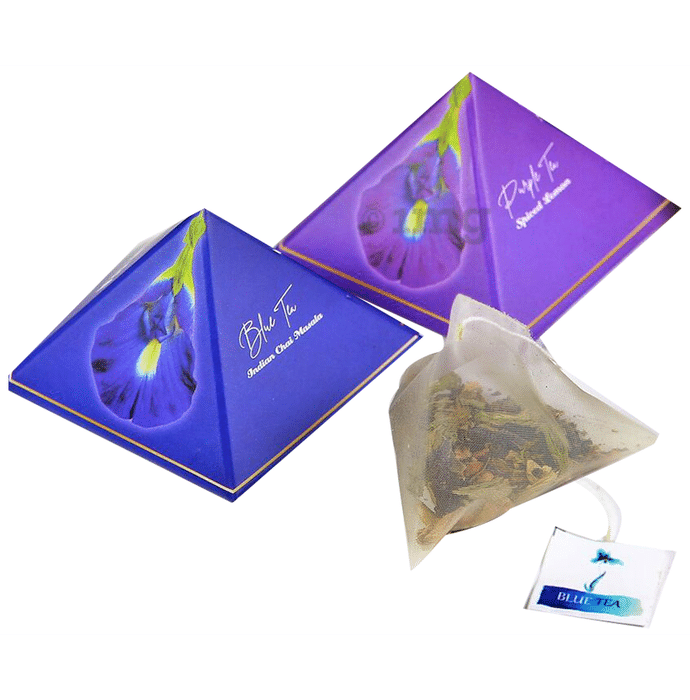 Blue Tea Herbal Tea Gift Box 9 Handcrafted Pyramid Tea Bags (Blue Tea Indian Chai Masala and Purple Tea Spiced Lemon)
