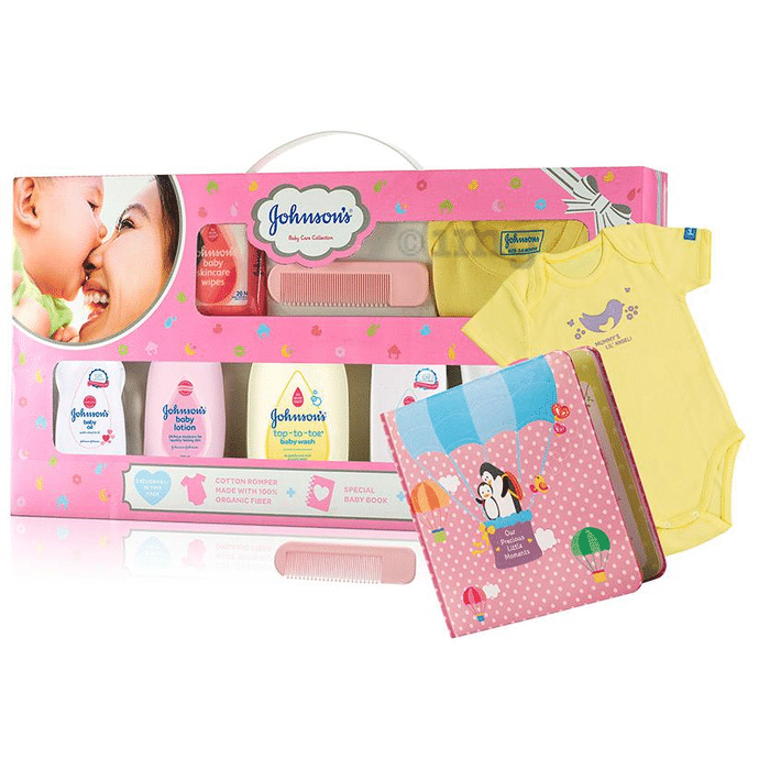 Johnson's Baby Care Collection Gift Box with Organic Cotton Bib - 10 Gift Items