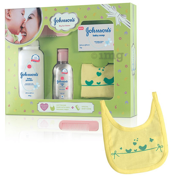 Johnson's Baby Care Collection Gift Box with Organic Cotton Bib & Baby Comb - 5 Gift Items