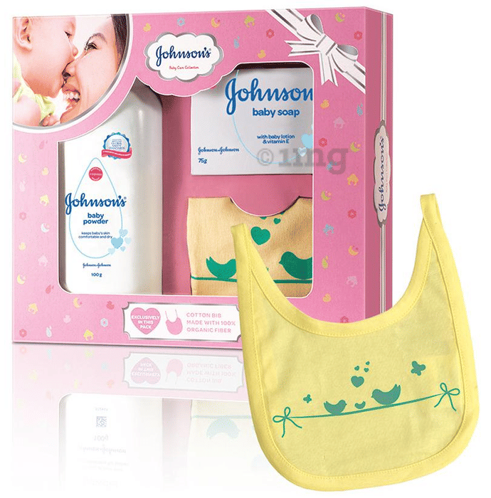 Johnson's Baby Care Collection Gift Box with Organic Cotton Bib 3 Gift Items Buy box of 1 Kit