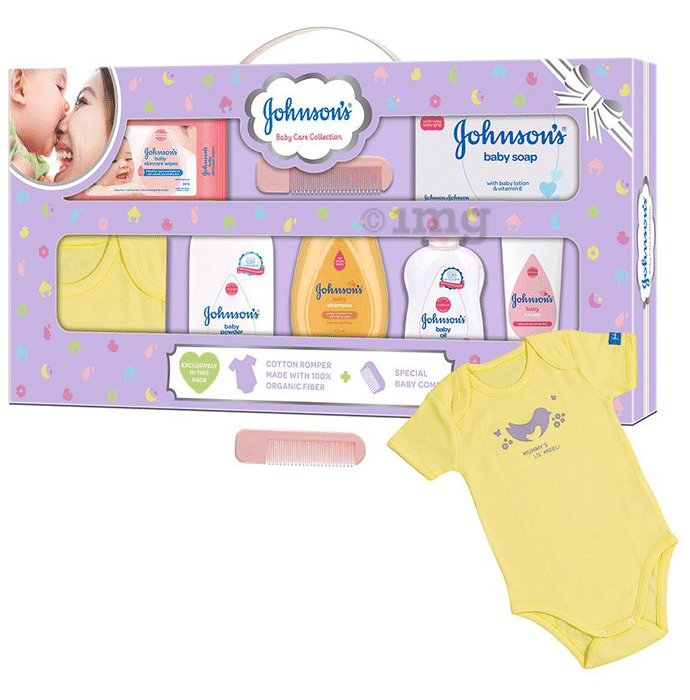 Johnson's Baby Care Collection Gift Box with Organic Cotton Bib - 8 Gift Items