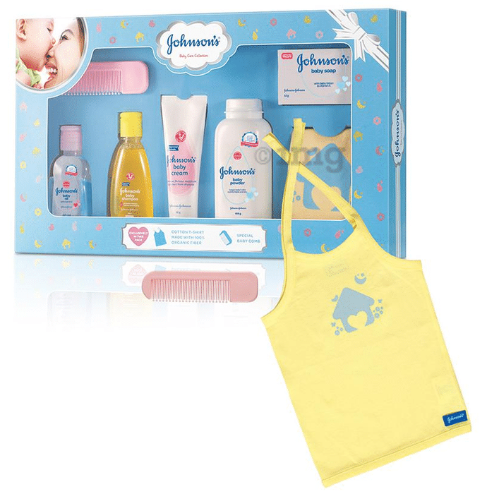 Johnson's Baby Care Collection Gift Box with Organic Cotton Baby T-Shirt - 7 Gift Items