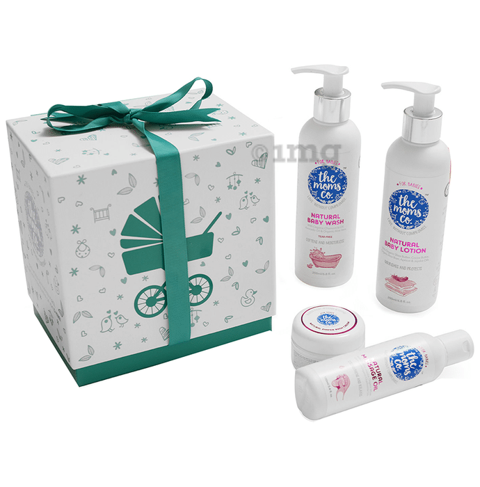 The Moms Co. Baby Must Have Ribbon Gift Box (Natural Baby Wash, Natural Baby Lotion, Natural Massage Oil, Natural Diaper Rash Cream)