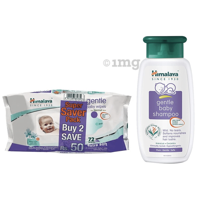 Baby Care Combo of Himalaya Gentle Baby Shampoo 400ml and 2 Packs of Himalaya Gentle Baby Wipes 72 Each
