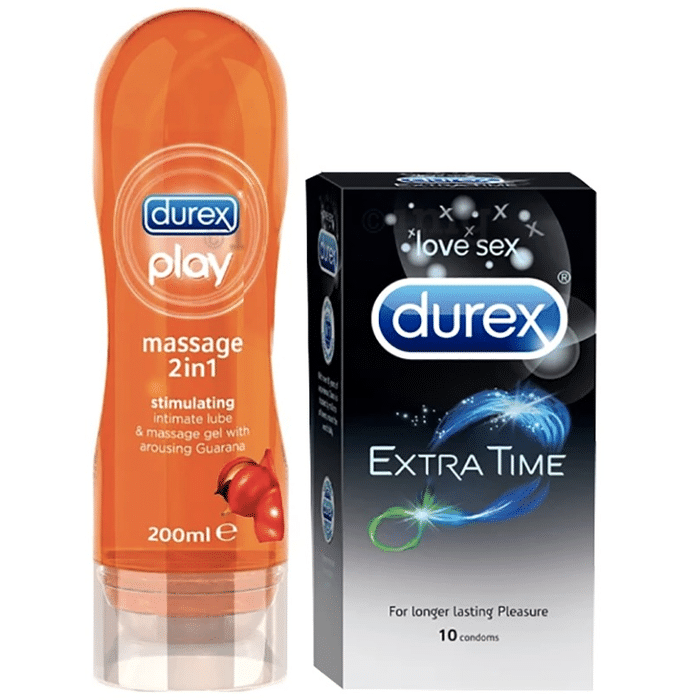 Sexual Wellness Combo of Durex Extra Time 10 Condom (Buy 2 Get 1 Free) and Durex Play Massage 2 in 1 Intimate Lubricant & Massage Gel 200ml