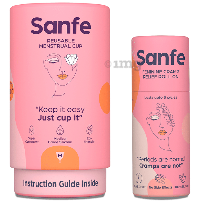 Sanfe Miracle Period Set of Reusable Menstrual Cup Medium and Feminine Cramp Relief Roll On 10ml