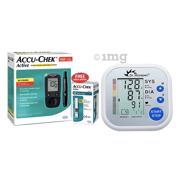 BP and Glucose Meter Combo of Accu-Chek Active Blood Glucometer Kit (Box of 10 Test Strips Free) and Dr Morepen BP02 Blood Pressure Monitor