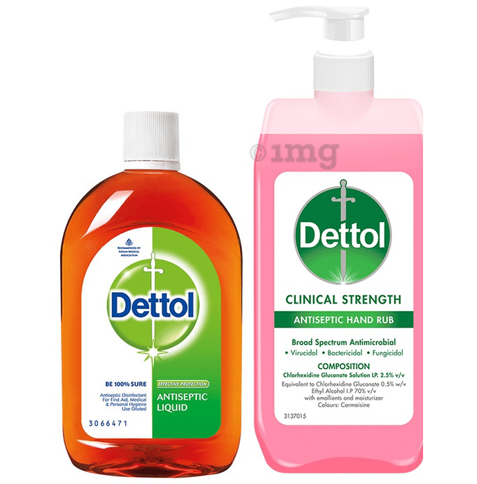 Dettol Combo Pack of Antiseptic Liquid 250ml & Clinical Strength Antiseptic Hand Rub Sanitizer 500ml