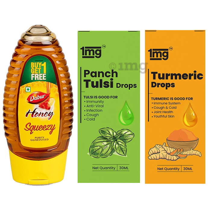 Warm Milk Mix Recipe of 1mg Turmeric Drops with Piperine 30ml, 1mg Panch Tulsi Drops 30ml and Dabur Honey Squeezy Buy 1 Get 1 Free 225gm