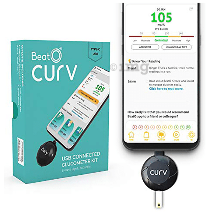 BeatO Curv Glucometer Kit - USB Type-C with 100 Strips & 100 Lancets