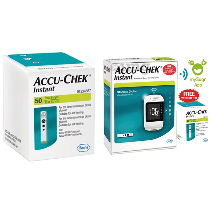 Accu-Chek Instant Combo of Glucometer with Free 10 Test Strips, mySugr App and 50 Test Strips