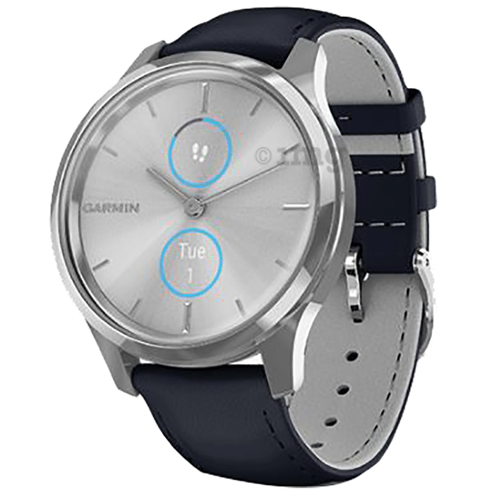 Garmin Vivomove Luxe with Leather Band Hybrid Smartwatch Silver-Navy