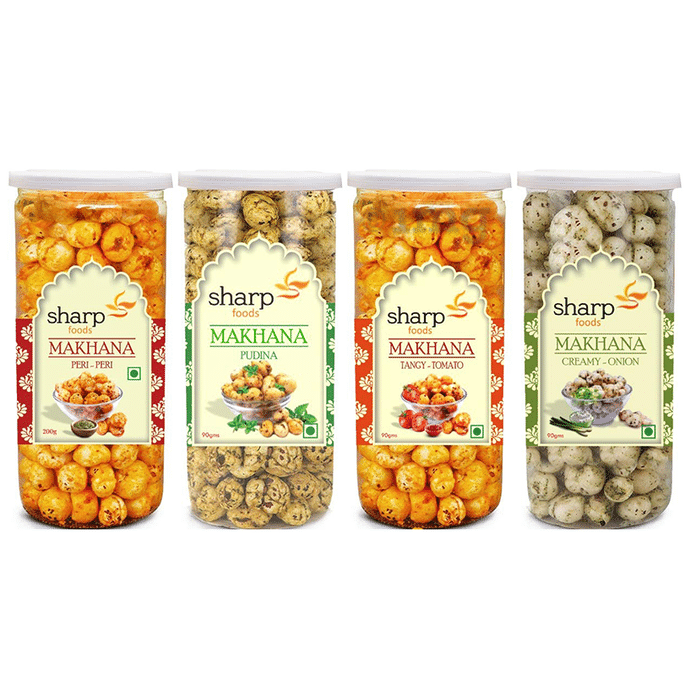 Sharp Foods Makhana (90gm Each) Peri-Peri, Pudina, Tangy-Tomato, Creamy-Onion
