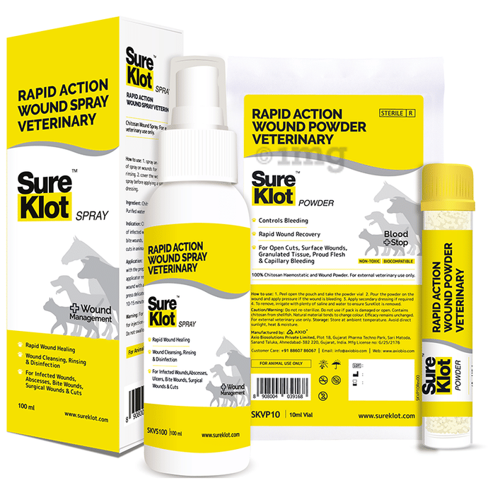 Sure Klot Combo Pack of Rapid Action Wound Spray Veterinary 100ml & Rapid Action Wound Powder Veterinary 10ml