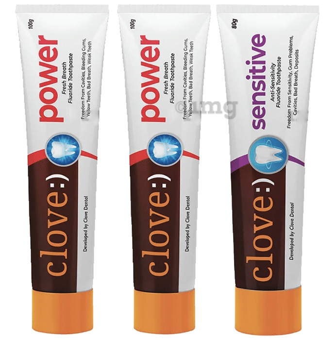 Clove Combo Pack of 2 Power Fresh Breath Fluoride Toothpaste 100gm and 1 Sensitive Anti-Sensitivity Fluoride Toothpaste 80gm