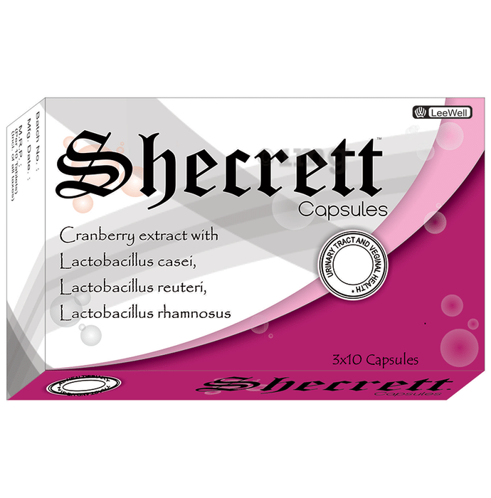 Shecrett UTI Aid, Cranberry Extract with Lactobacillus Casei, Lactobacillus Reuteri, Lactobacillus Rhamnosus Capsule