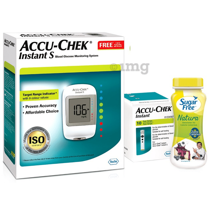 Accu-Chek Instant S Blood Glucose Monitoring System & 10 Test Strip with Sugar Free Natura 50gm Free