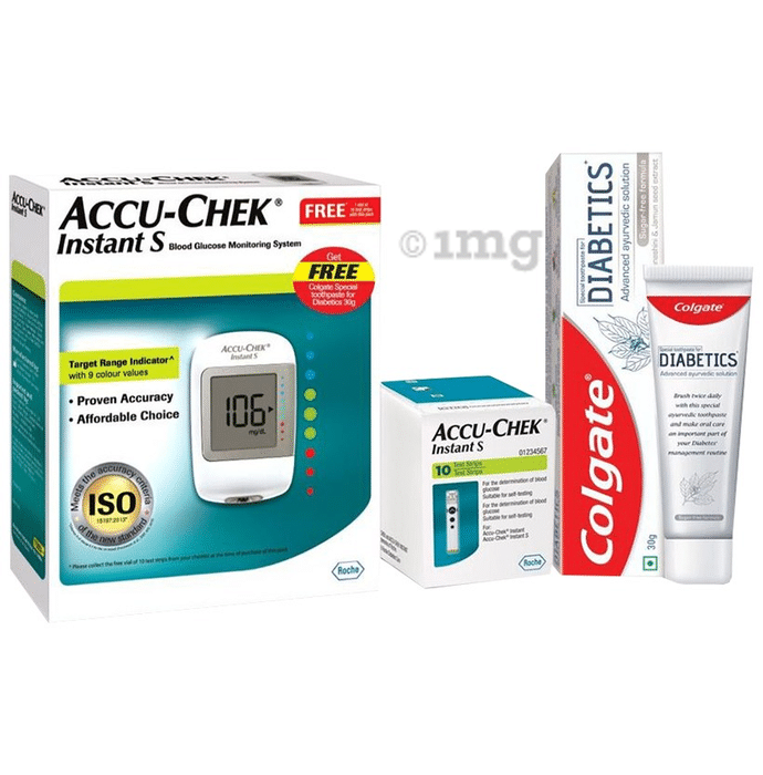 Accu-Chek Instant S Blood Glucose Monitoring System & 10 Test Strip with Colgate Diabetics Toothpaste 30gm Free