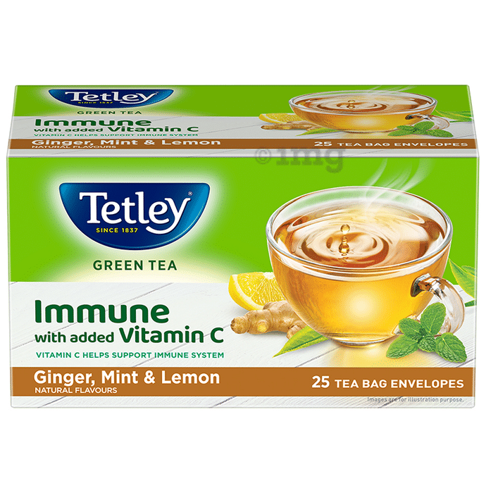Tetley Green Tea Bag Immune with added Vitamin C (1.4gm Each) Ginger, Mint & Lemon