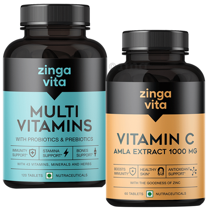 Zingavita Combo Pack of Multi Vitamins with Probiotics & Prebiotics 120 Tablet & Vitamin C Amla Extract 1000mg 60 Tablet