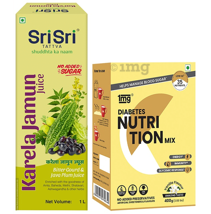 Combo Pack of Sri Sri Tattva Karela Jamun Juice 1000ml & 1mg Diabetes Nutrition Mix Vanilla 400gm