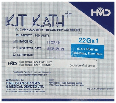 Hindustan Kit Kath+ IV Cannula with Teflon FEP Catheter 22G
