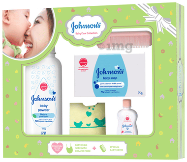 Johnson's Baby Care Collection Gift Box with Organic Cotton Bib & Baby Comb - 5 Gift Items
