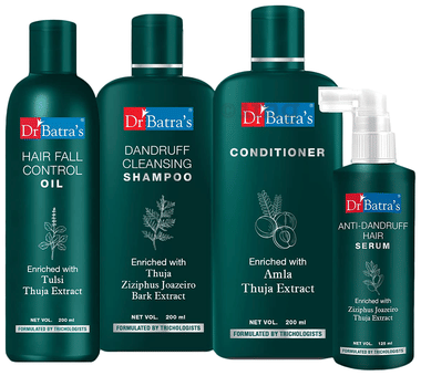 Dr Batra's Combo Pack of Anti-Dandruff Hair Serum 125ml, Hair Fall Control Oil 200ml, Conditioner 200ml and Dandruff Cleansing Shampoo 200ml