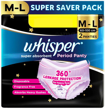 Whisper Super Absorbent Period Panty | 360 Degree Leakage Protection For Heavy Flow M-L