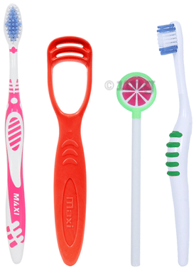 Maxi Oral Care Combo Pack of  1 Adult Sensitive+ Toothbrush, 1 Number Tongue Cleaner, Milky White Baby Toothbrush and Tongue Cleaner