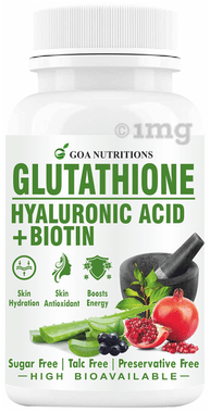 Goa Nutritions Glutathione Hyaluronic Acid + Biotin Tablet Sugar Free: Buy bottle of 60.0 tablets at best price in India | 1mg Goa Nutritions Glutathione Hyaluronic Acid + Biotin Tablet Sugar Free: Buy bottle of 60.0 tablets at best price in India | 1mg