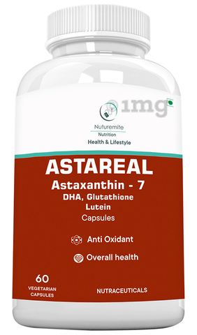 Nuturemite Astareal Astaxanthin 7 DHA Glutathione Lutein Vegetarian  Capsule: Buy bottle of 60.0 vegicaps at best price in India | 1mg