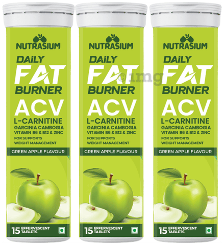 Nutrasium Daily Fat Burner ACV L-Carnitine Effervescent Tablet (15 Each)  Green Apple: Buy combo pack of 3.0 bottles at best price in India | 1mg