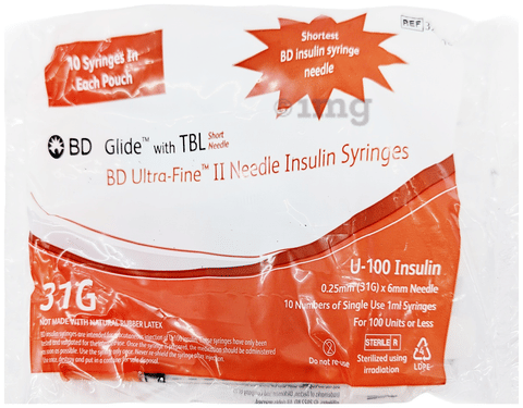 BD Insulin Syringes with BD Ultra-Fine Needle 100U 31G 6MM | Diabetes  Monitoring Devices: Buy packet of 10.0 syringes at   in  India | 1mg